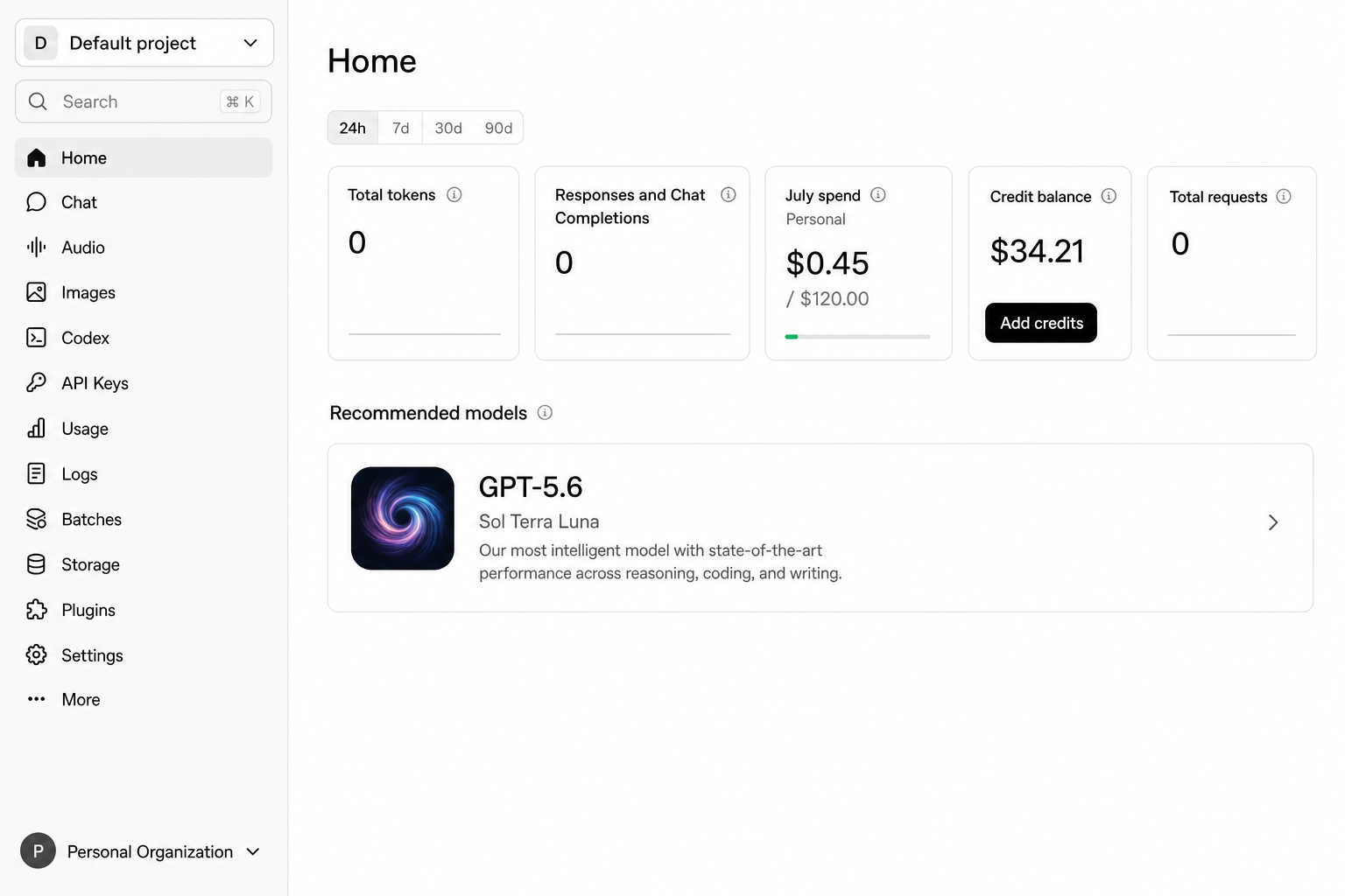 OpenAI Platform home dashboard after signing in