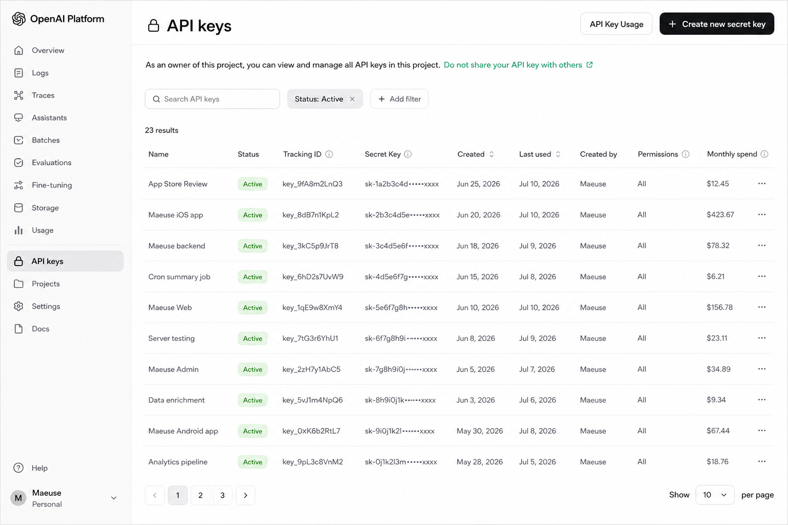 OpenAI Platform API keys list with Create new secret key button