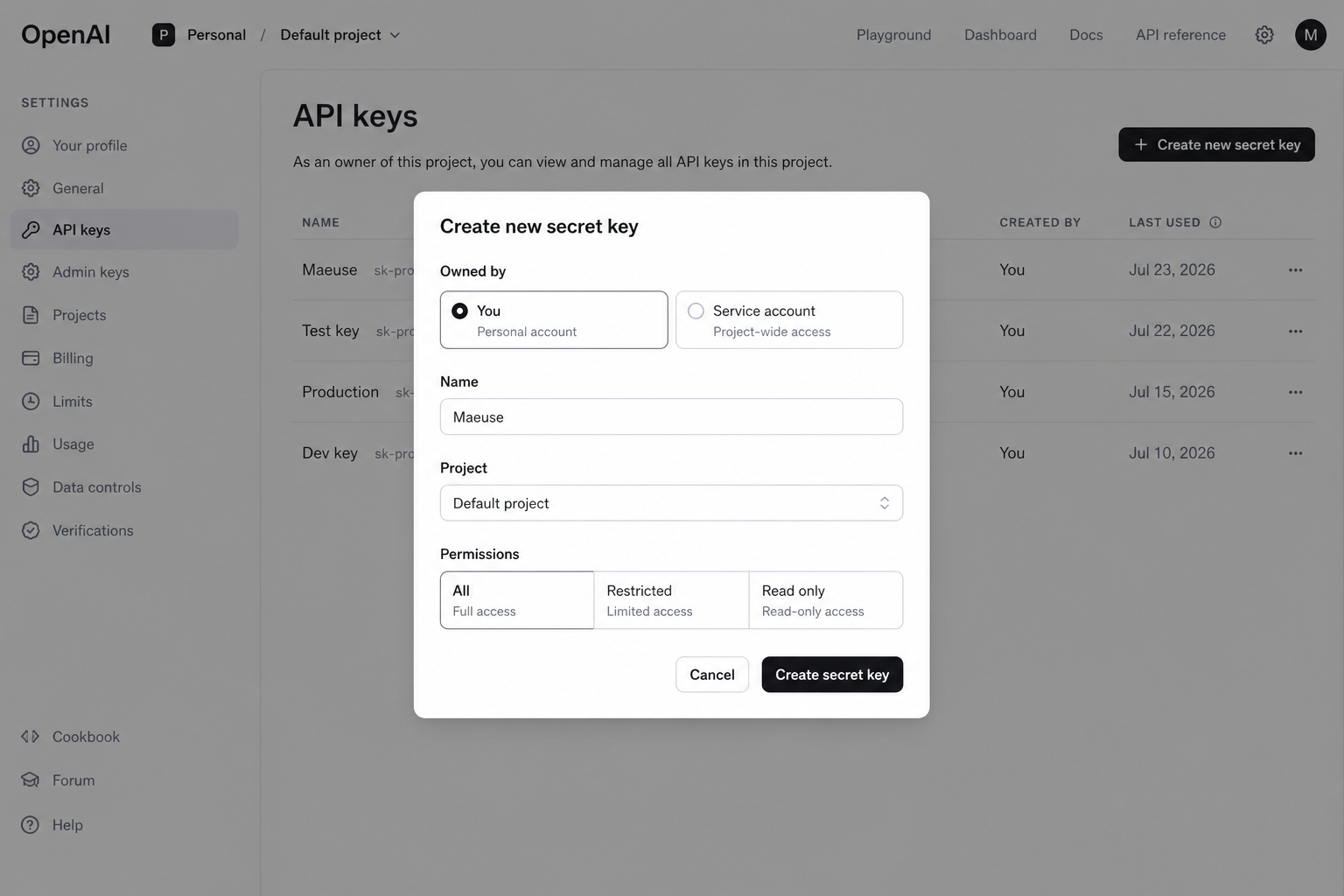 Create new secret key dialog with name Mäuse