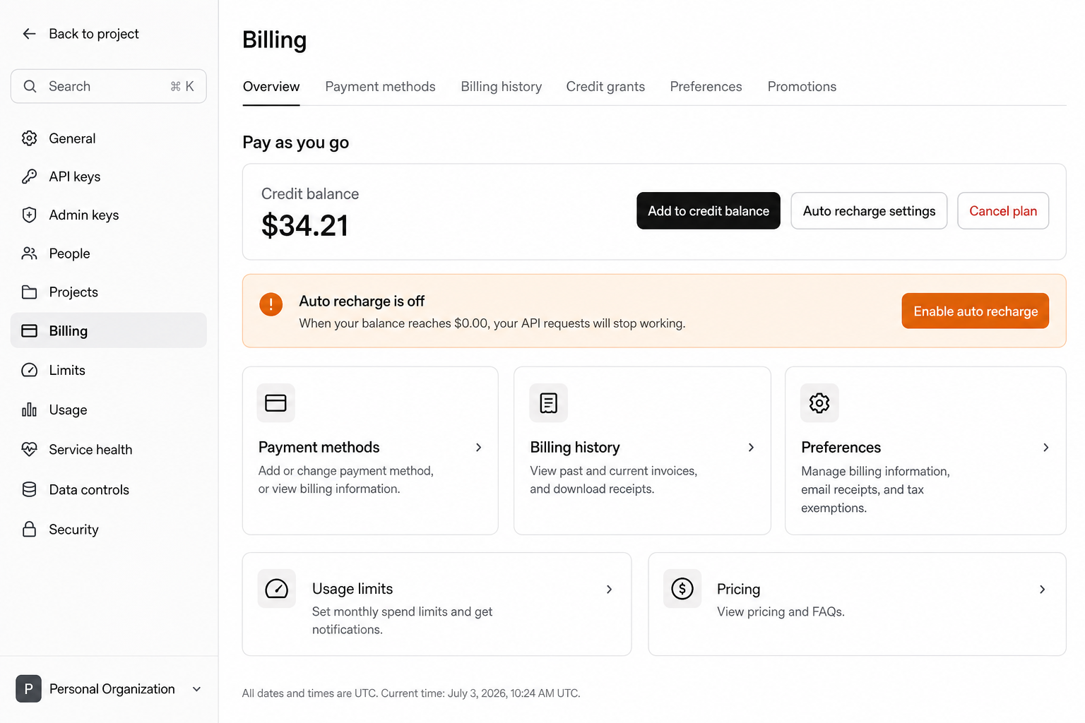 OpenAI Platform billing overview with credit balance