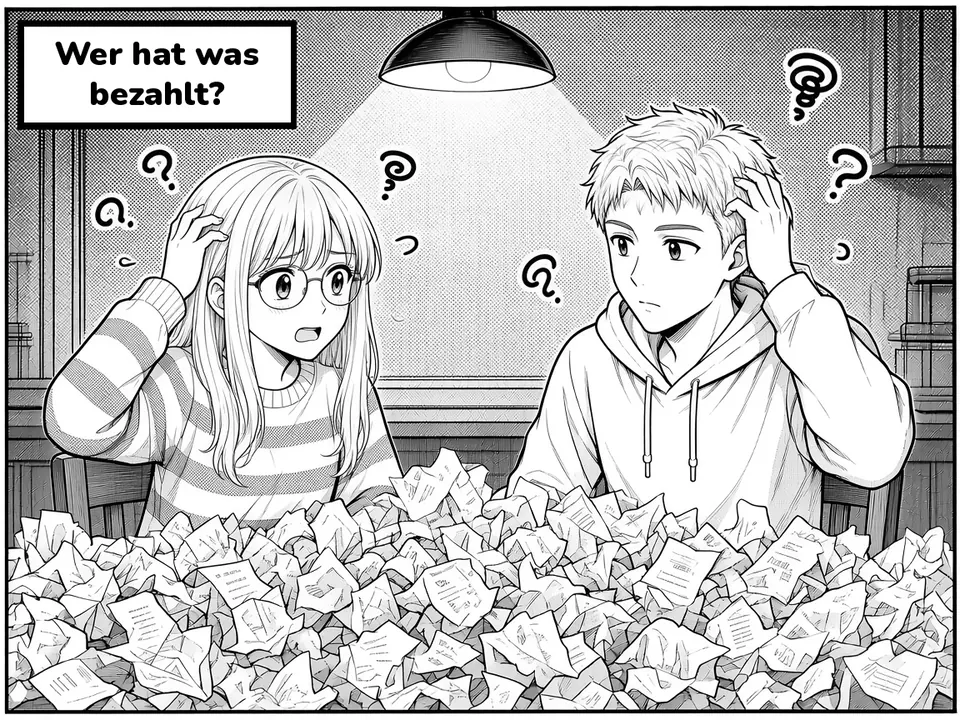 Comic panel. The couple sits at a table buried in receipts, both puzzled. Caption: Wer hat was bezahlt?