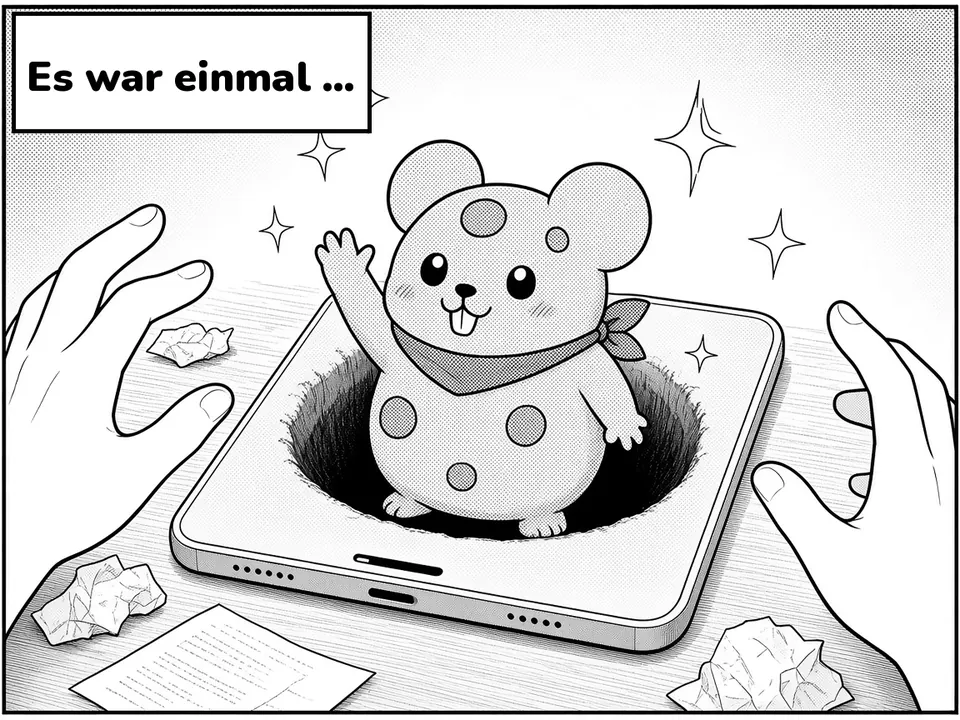 Comic panel. The cheese mouse waves as it emerges from a hole in a phone. Caption: Es war einmal …