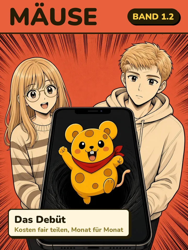 Cover of Mäuse volume 1.2: the cheese mouse leaps out of a phone while the couple looks on.