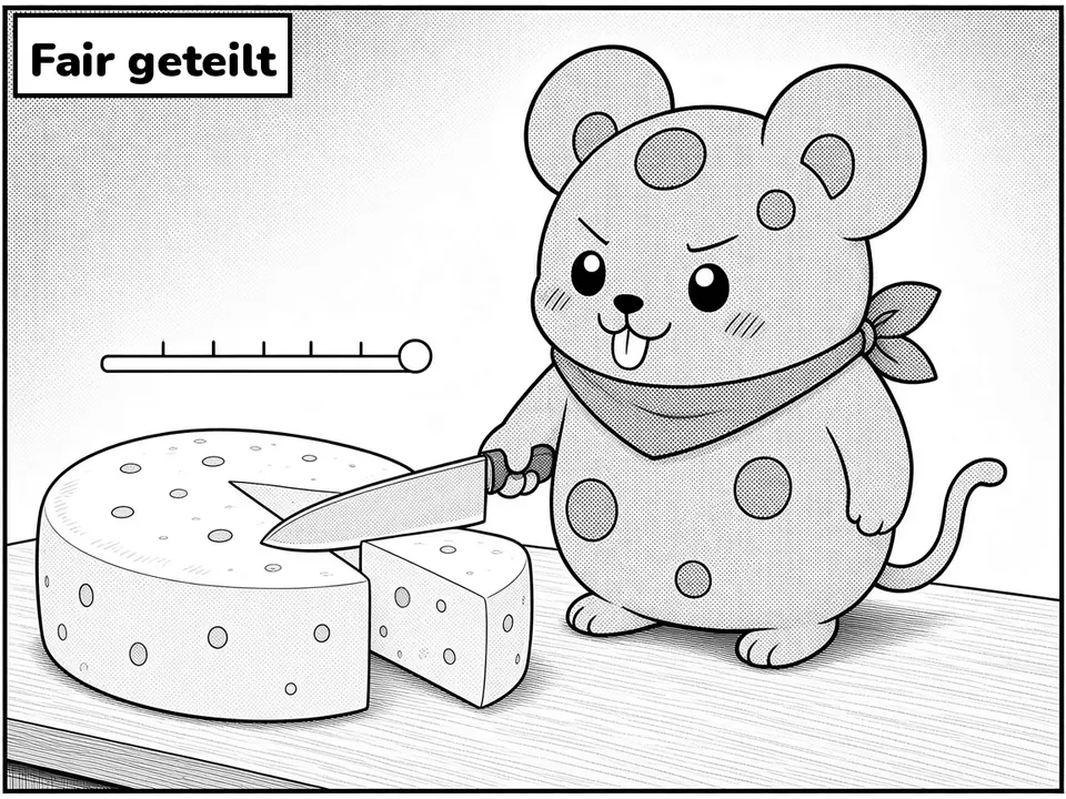 Comic panel. The cheese mouse slices a wheel of cheese with a slider knife. Caption: Fair geteilt.