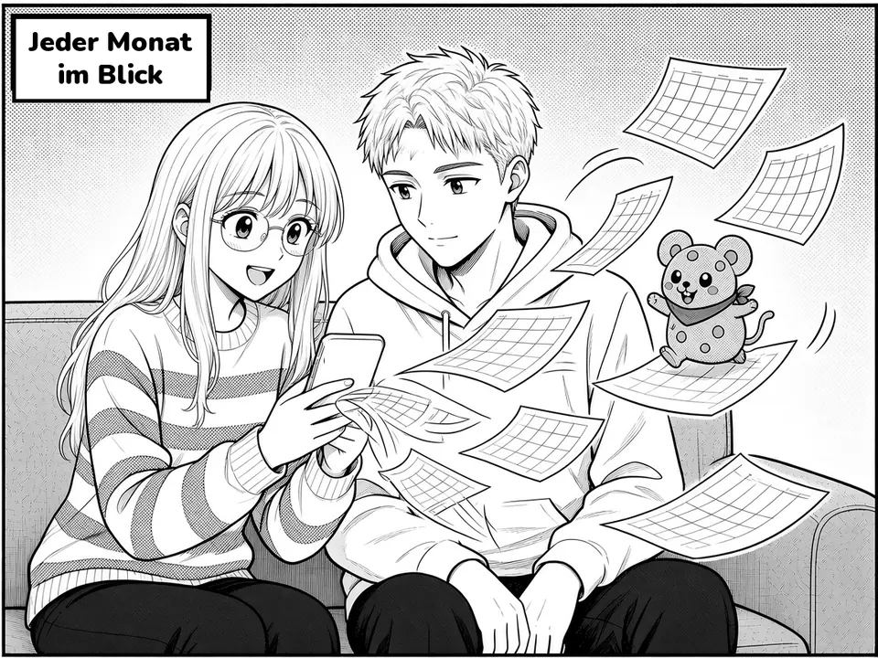 Comic panel. The couple browses flying calendar pages, with the mouse on his shoulder. Caption: Jeder Monat im Blick.