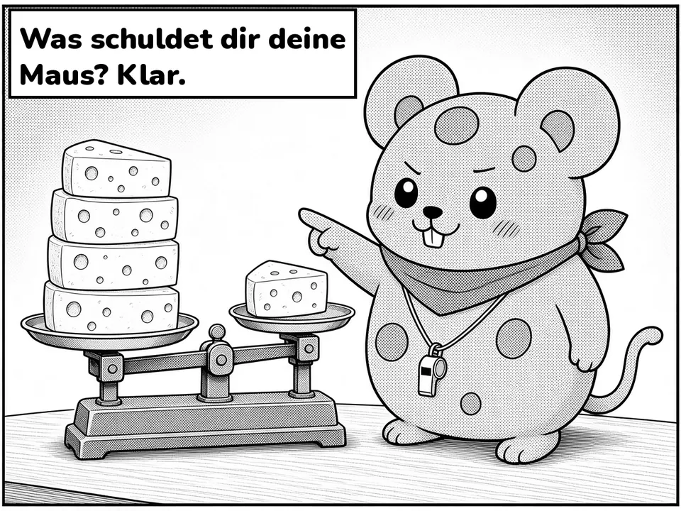 Comic panel. The cheese mouse referees a scale with two stacks of cheese. Caption: Was schuldet dir deine Maus? Klar.
