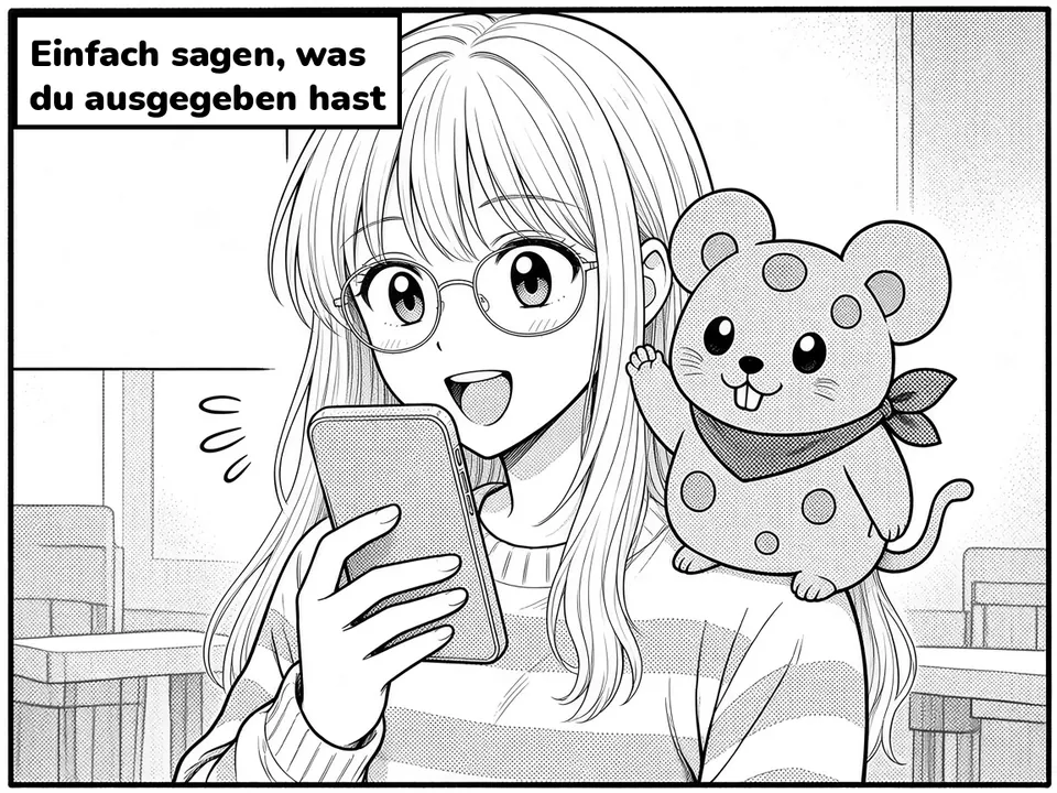 Comic panel. She dictates into the phone with the cheese mouse on her shoulder. Caption: Einfach sagen, was du ausgegeben hast.