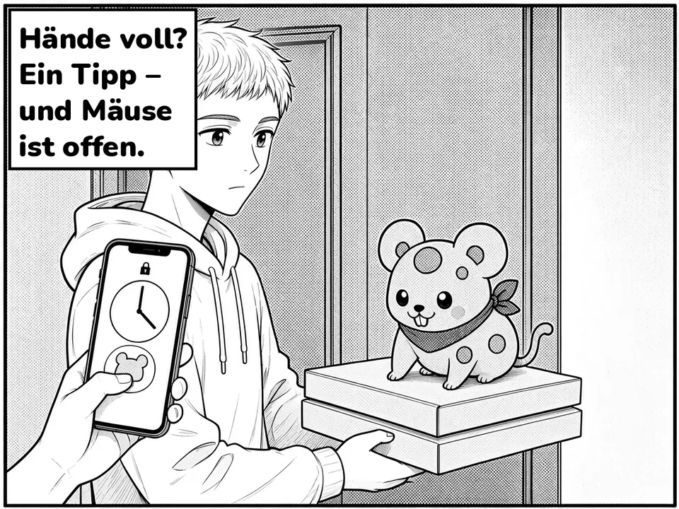 Comic panel. He arrives with pizza boxes and taps a mouse icon on the Lock Screen; Mäuse opens. Caption: Hände voll? Ein Tipp – und Mäuse ist offen.