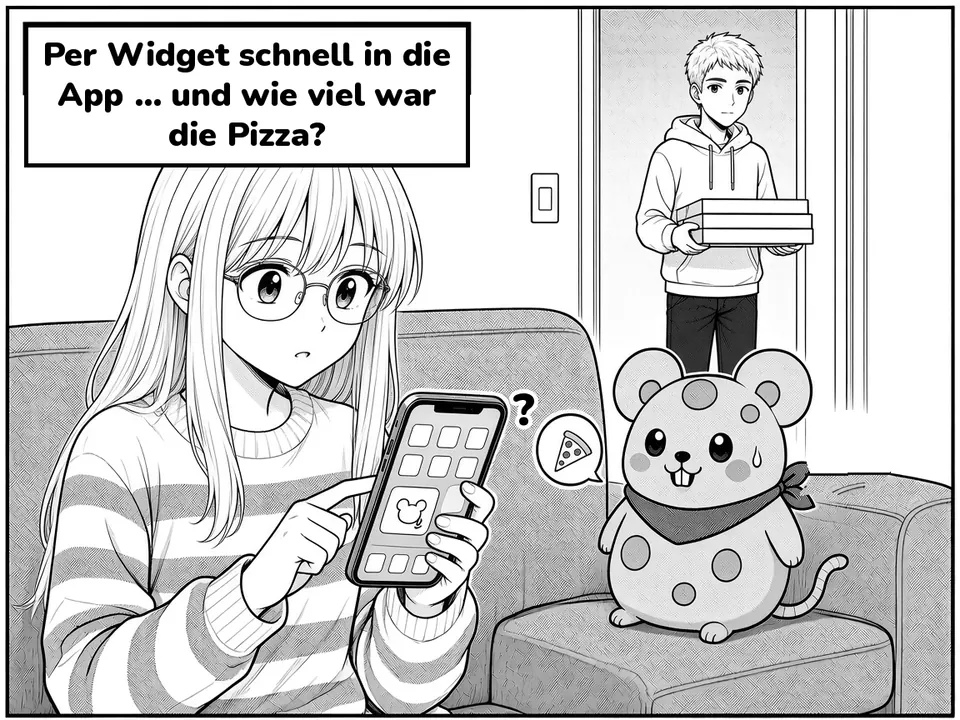Comic panel. She sits on the sofa and opens Mäuse from a Home Screen widget. Caption: Per Widget schnell in die App … und wie viel war die Pizza?