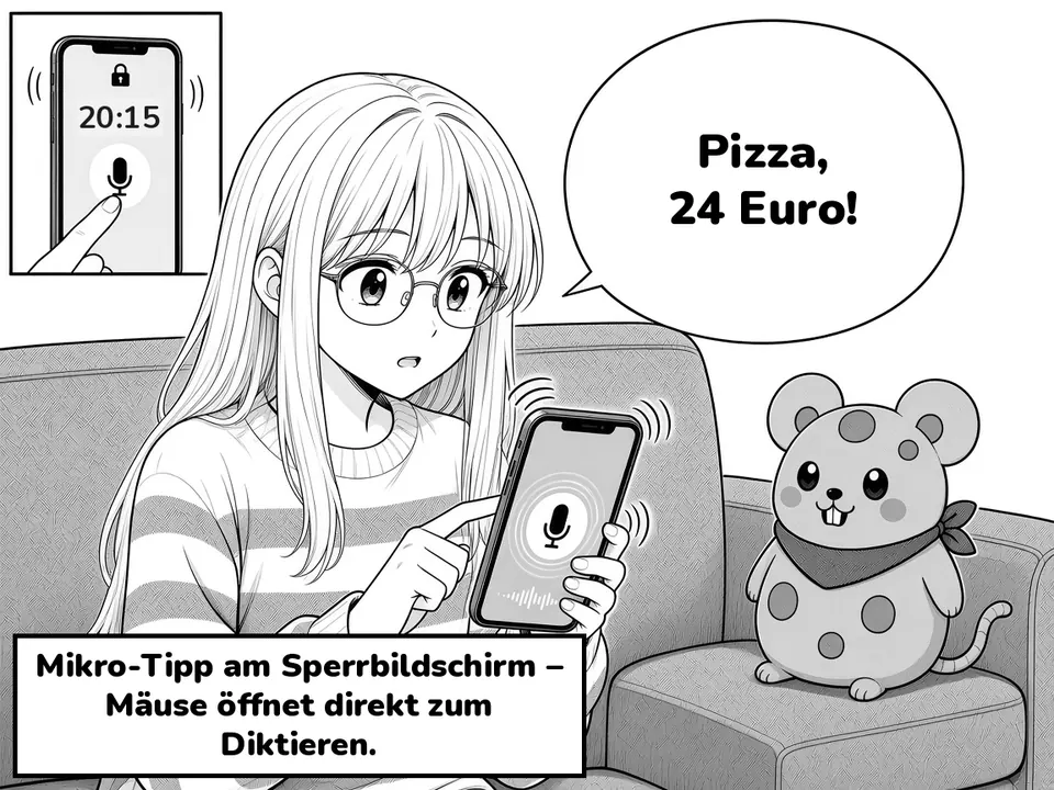 Comic panel. She taps the microphone control on the Lock Screen; Mäuse opens into Voice Mode. Caption: Mikro-Tipp am Sperrbildschirm – Mäuse öffnet direkt zum Diktieren.