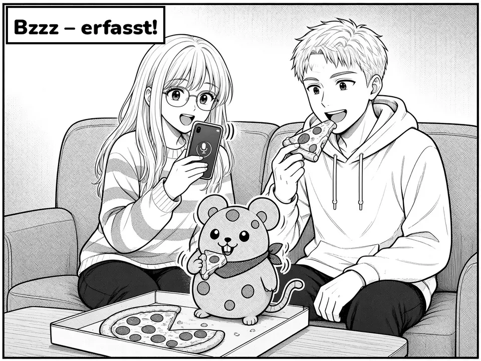 Comic panel. The couple sits on the sofa with pizza; the phone buzzes as the expense is captured. Caption: Bzzz – erfasst!