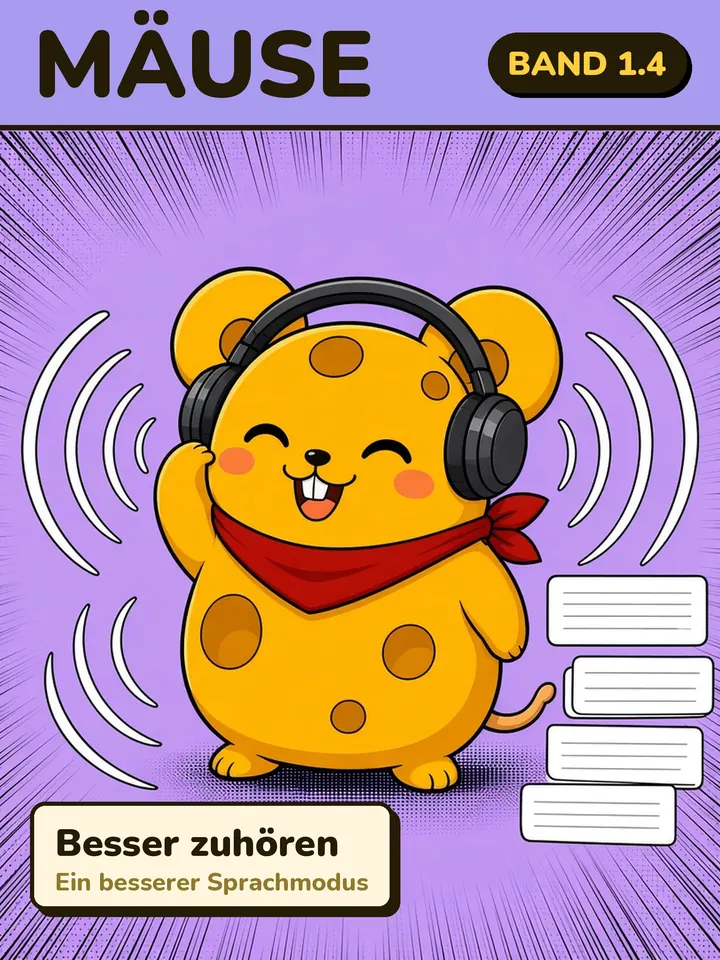 Cover of Mäuse volume 1.4: the cheese mouse wears headphones, with sound waves turning into stacked expense cards.