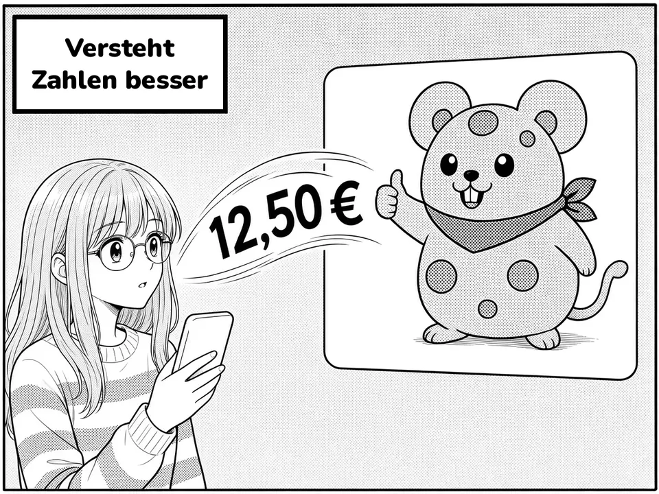 Comic panel. She speaks a price; the numbers fly cleanly onto a card. Caption: Versteht Zahlen besser.
