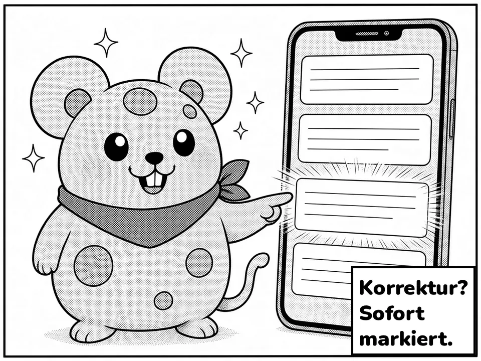 Comic panel. The cheese mouse points at a compact list; one card is highlighted. Caption: Korrektur? Sofort markiert.