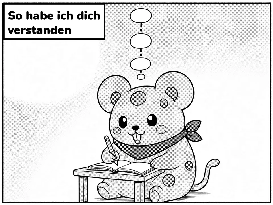 Comic panel. The cheese mouse writes in a notebook under a chain of speech bubbles. Caption: So habe ich dich verstanden.