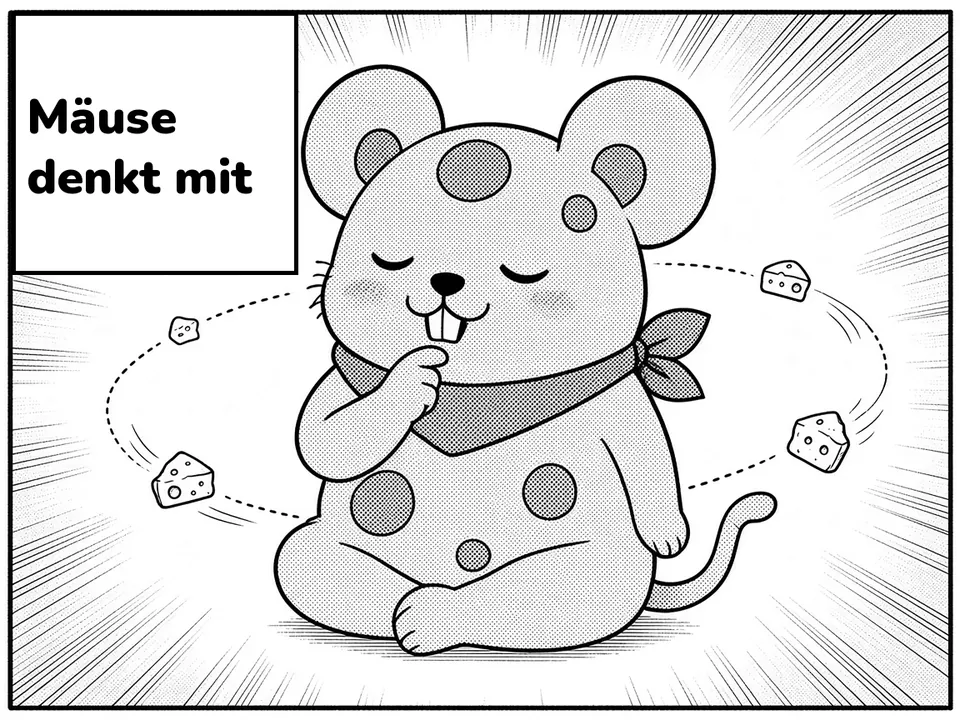 Comic panel. Cheese crumbs orbit the thinking mouse. Caption: Mäuse denkt mit.