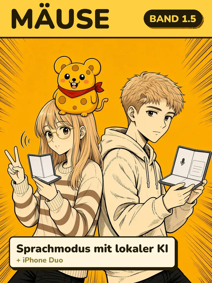 Cover of Mäuse volume 1.5: a couple stands back to back holding foldable phones, with the cheese mouse sitting on her head.