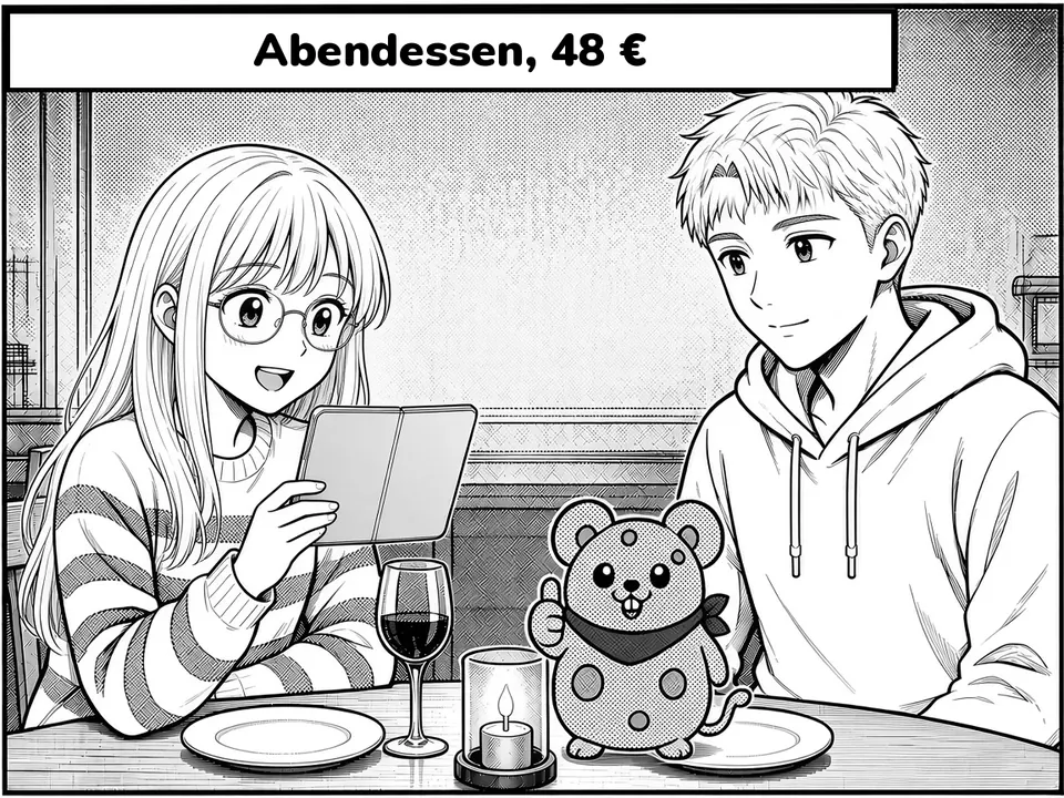 Black-and-white comic panel. The couple sits at a candlelit dinner with the cheese mouse at the table. Caption: Abendessen, 48 €.