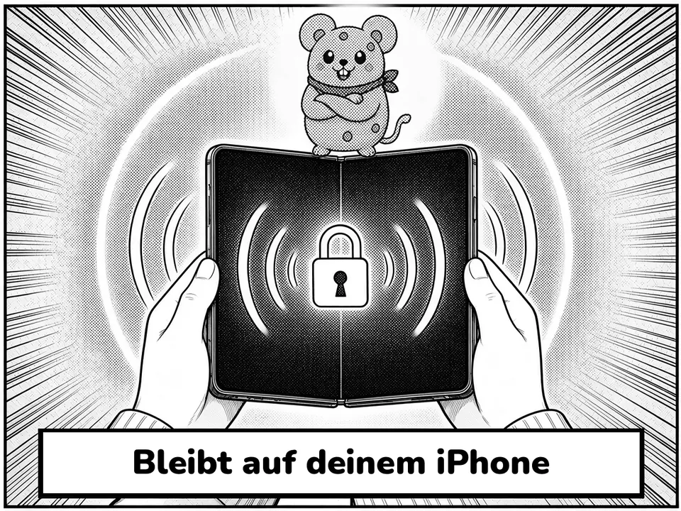 Comic panel. Hands hold an unfolded phone with a lock icon; the cheese mouse stands on it. Caption: Bleibt auf deinem iPhone.