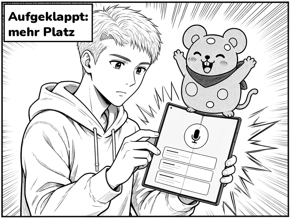 Comic panel. He holds an unfolded phone that uses the larger screen. Caption: Aufgeklappt: mehr Platz.